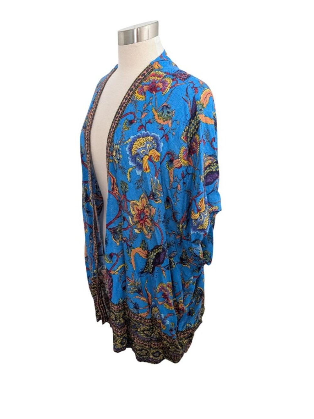 JM Collection Womens Linen Blend Aqua Floral Kimono Cardigan Size S - Picture 11 of 15